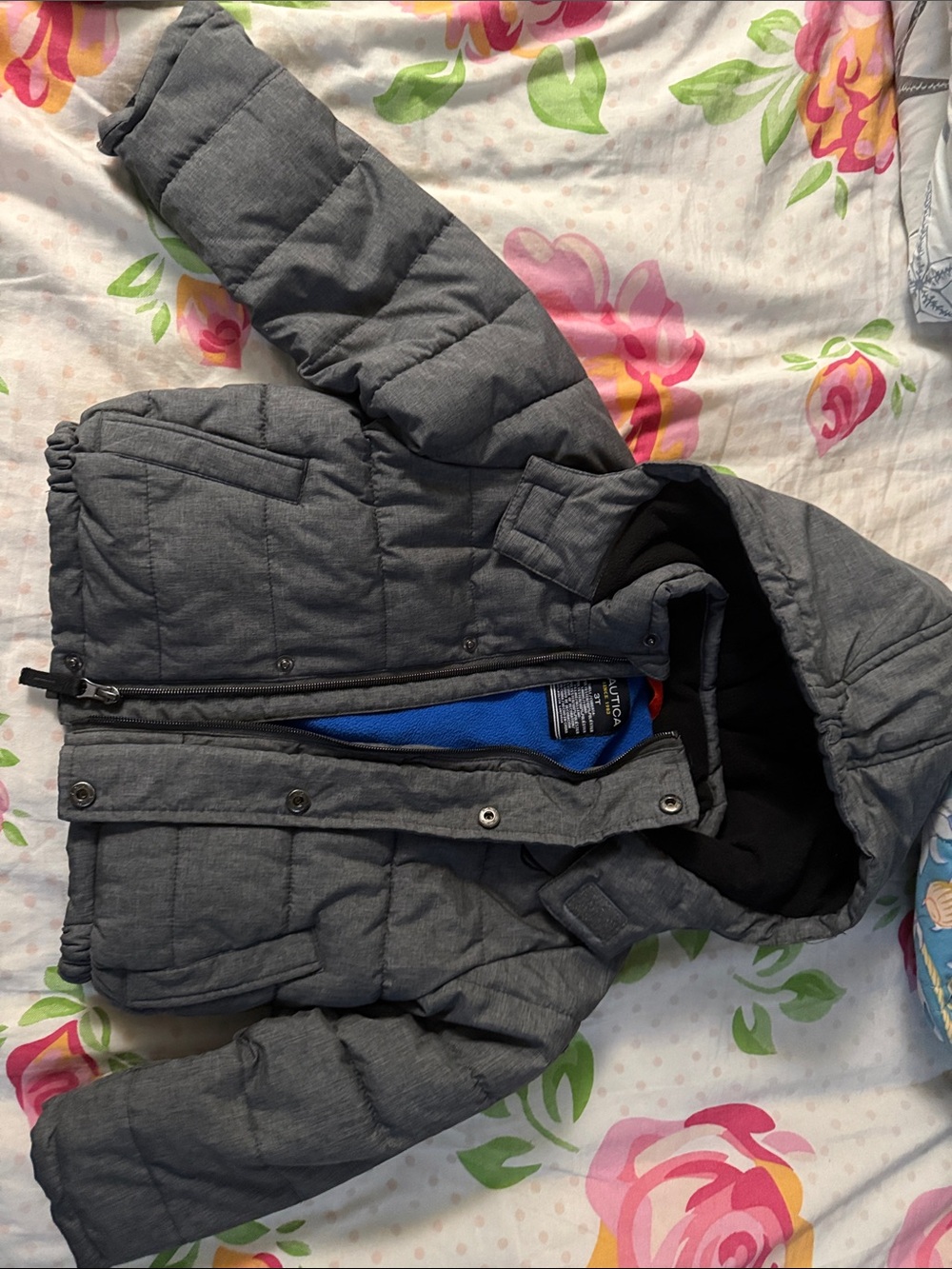Nautica Kids Gray Hooded Puffer Jacket with Black Lining